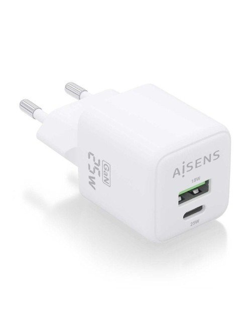 Cargador de Pared GaN Aisens ASCH-25W2P014-W/ 1xUSB Tipo-C/ 1xUSB/ 25W