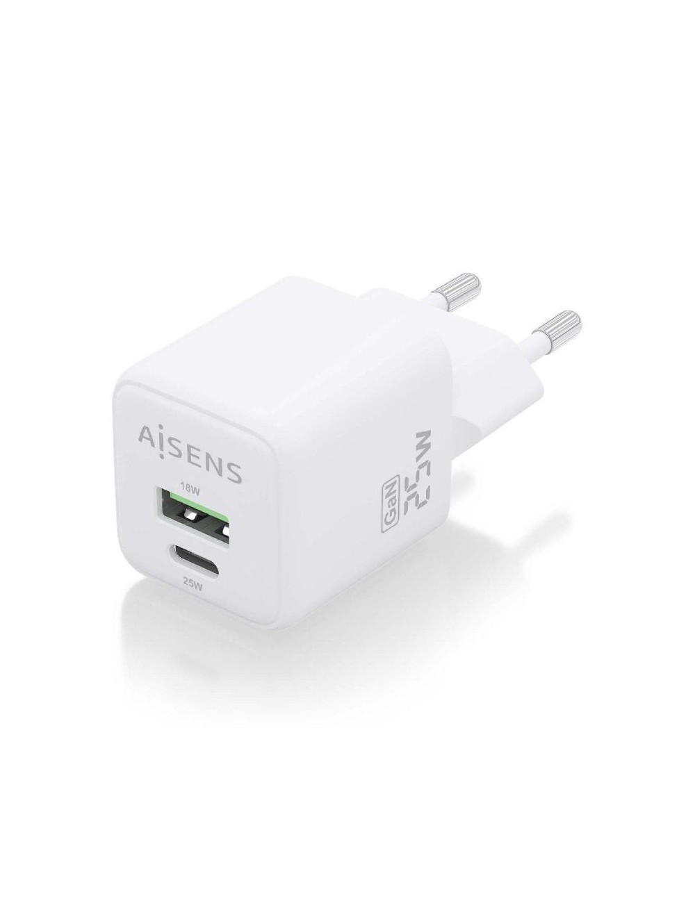 Cargador de Pared GaN Aisens ASCH-25W2P014-W/ 1xUSB Tipo-C/ 1xUSB/ 25W