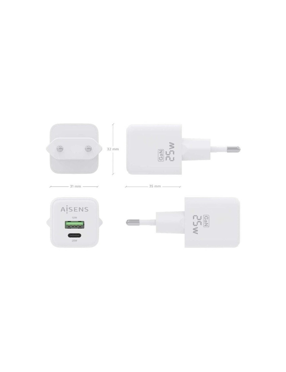 Cargador de Pared GaN Aisens ASCH-25W2P014-W/ 1xUSB Tipo-C/ 1xUSB/ 25W