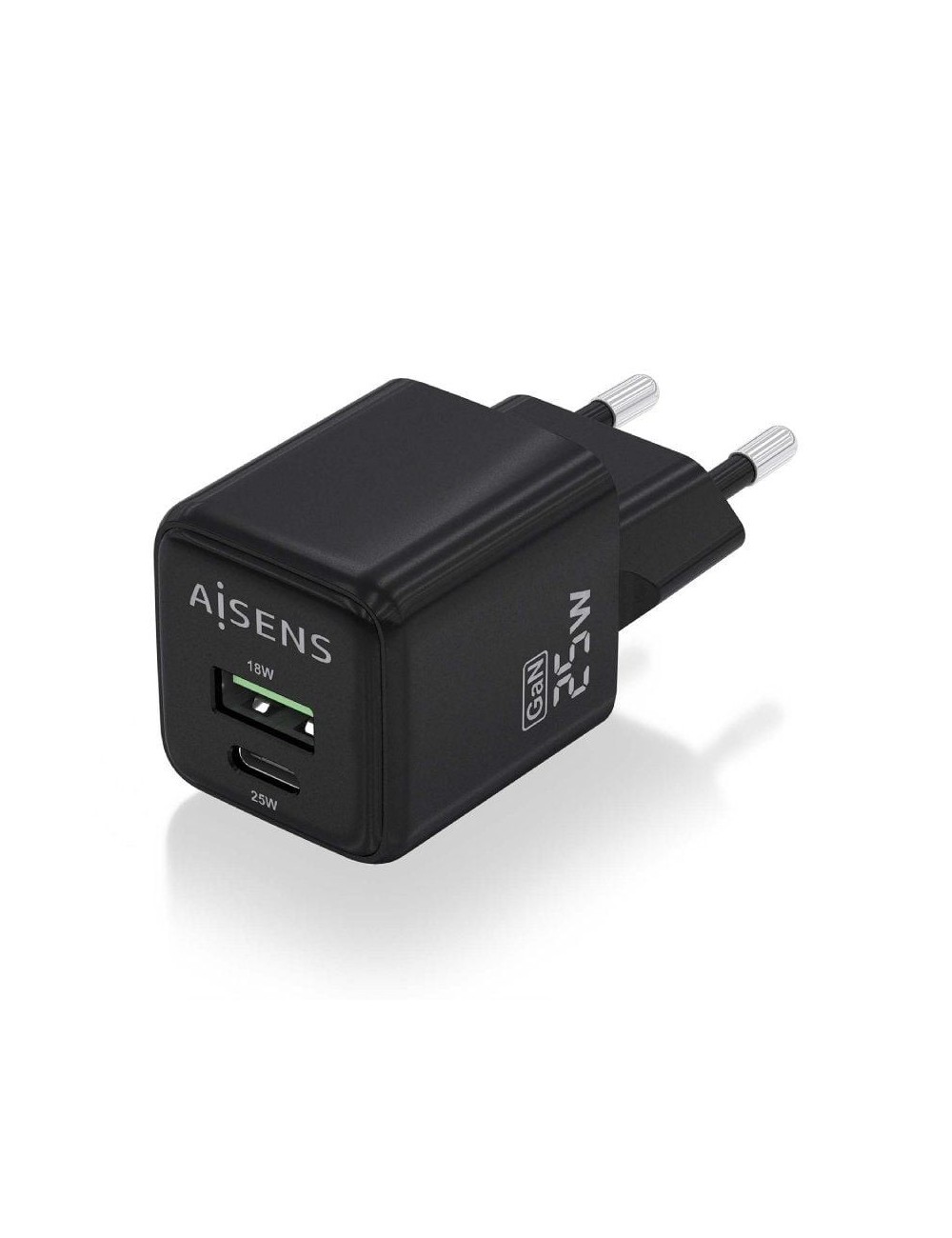 Cargador de Pared GaN Aisens ASCH-25W2P015-BK/ 1xUSB Tipo-C/ 1xUSB/ 25W