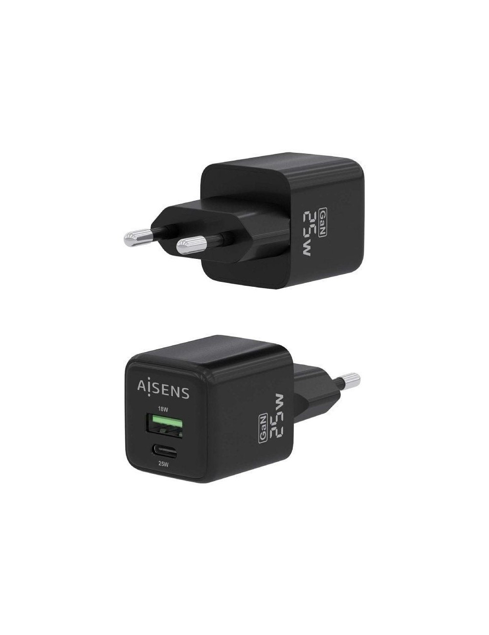 Cargador de Pared GaN Aisens ASCH-25W2P015-BK/ 1xUSB Tipo-C/ 1xUSB/ 25W