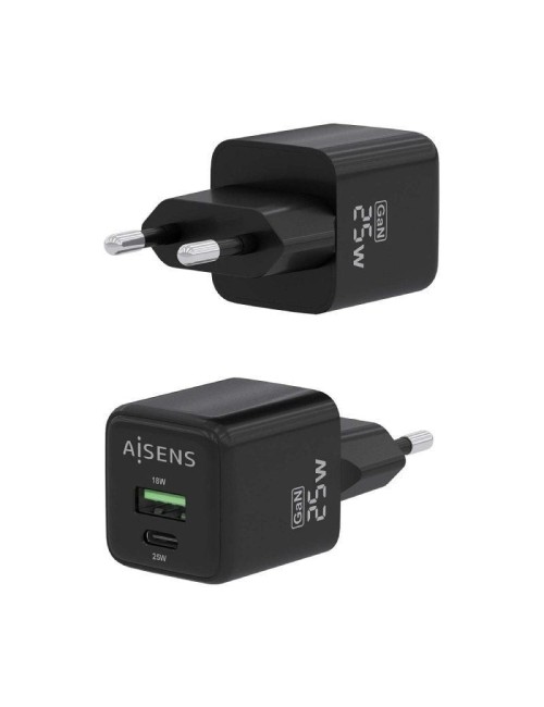 Cargador de Pared GaN Aisens ASCH-25W2P015-BK/ 1xUSB Tipo-C/ 1xUSB/ 25W