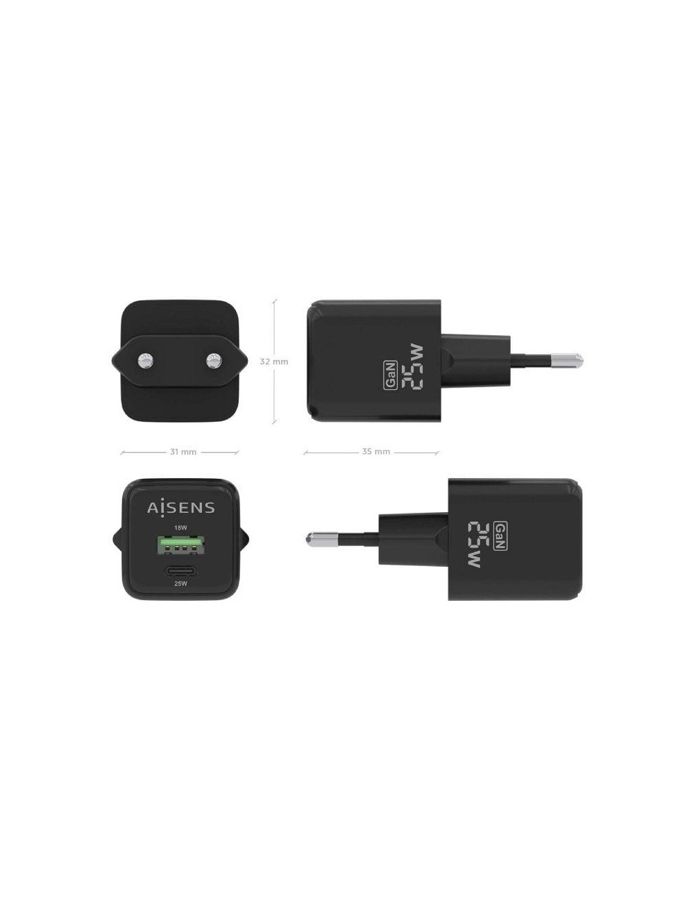 Cargador de Pared GaN Aisens ASCH-25W2P015-BK/ 1xUSB Tipo-C/ 1xUSB/ 25W