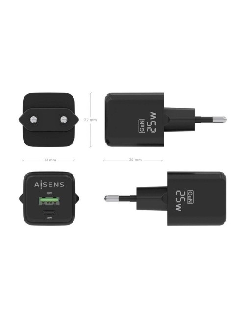 Cargador de Pared GaN Aisens ASCH-25W2P015-BK/ 1xUSB Tipo-C/ 1xUSB/ 25W