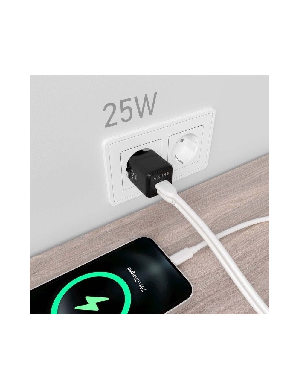 Cargador de Pared GaN Aisens ASCH-25W2P015-BK/ 1xUSB Tipo-C/ 1xUSB/ 25W