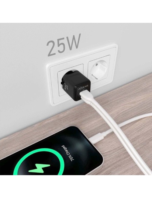 Cargador de Pared GaN Aisens ASCH-25W2P015-BK/ 1xUSB Tipo-C/ 1xUSB/ 25W