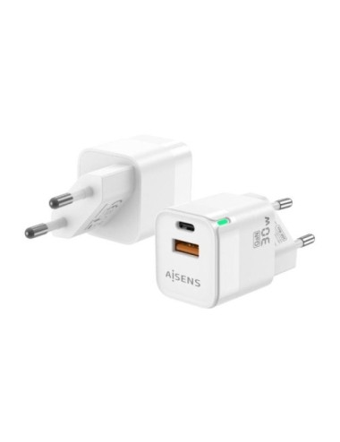 Cargador de Pared GaN Aisens ASCH-30W2P004-W/ 1xUSB Tipo-C/ 1xUSB/ 30W