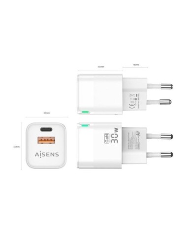 Cargador de Pared GaN Aisens ASCH-30W2P004-W/ 1xUSB Tipo-C/ 1xUSB/ 30W