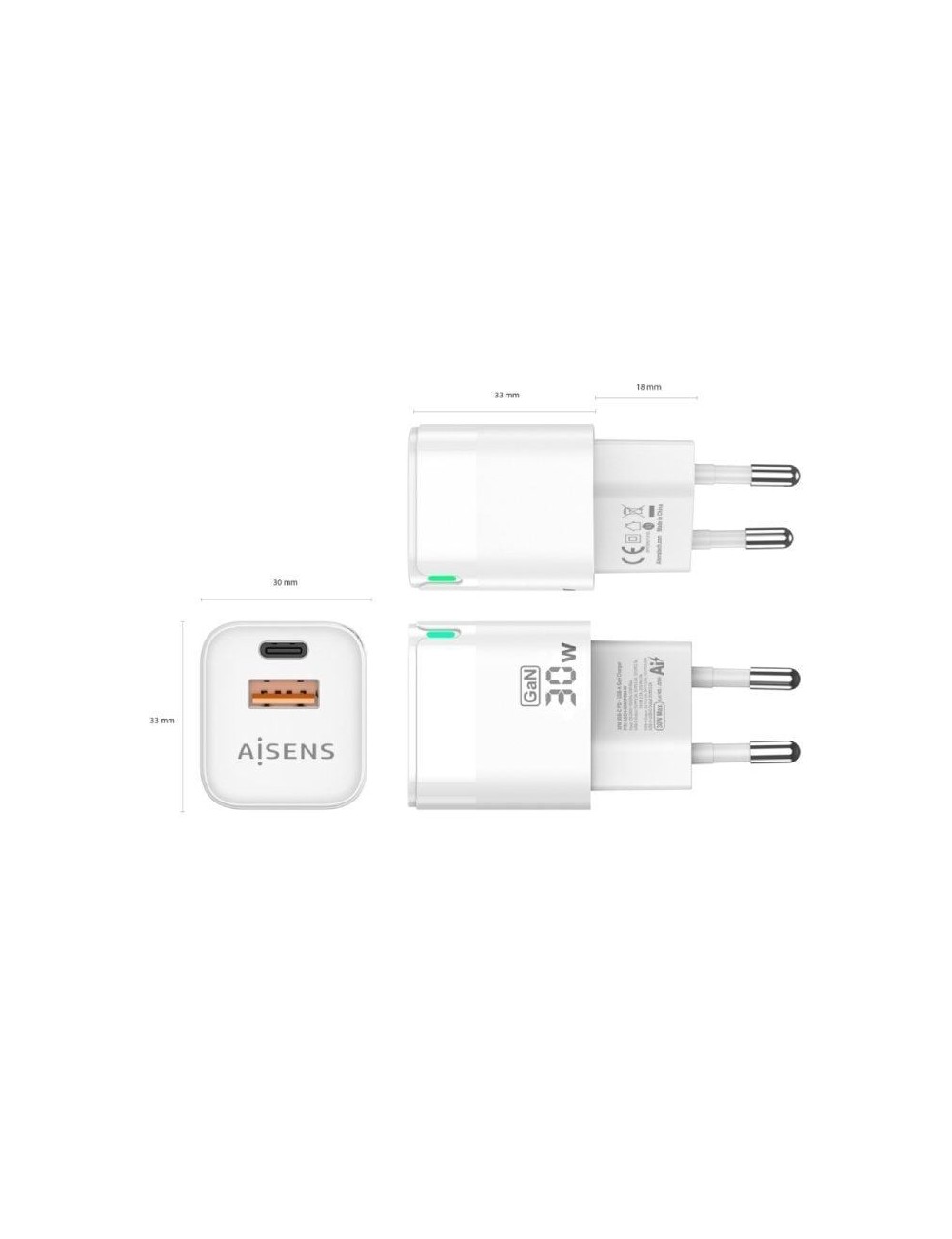 Cargador de Pared GaN Aisens ASCH-30W2P004-W/ 1xUSB Tipo-C/ 1xUSB/ 30W