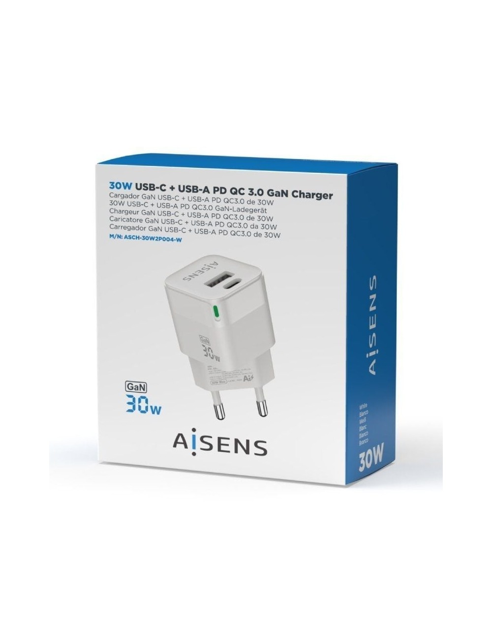 Cargador de Pared GaN Aisens ASCH-30W2P004-W/ 1xUSB Tipo-C/ 1xUSB/ 30W