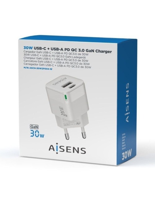 Cargador de Pared GaN Aisens ASCH-30W2P004-W/ 1xUSB Tipo-C/ 1xUSB/ 30W