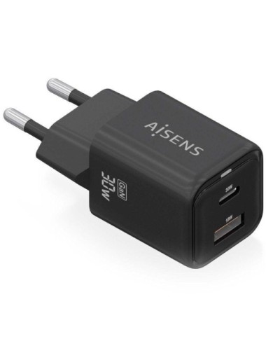 Cargador de Pared GaN Aisens ASCH-30W2P021-BK/ 1xUSB Tipo-C/ 1xUSB/ 30W