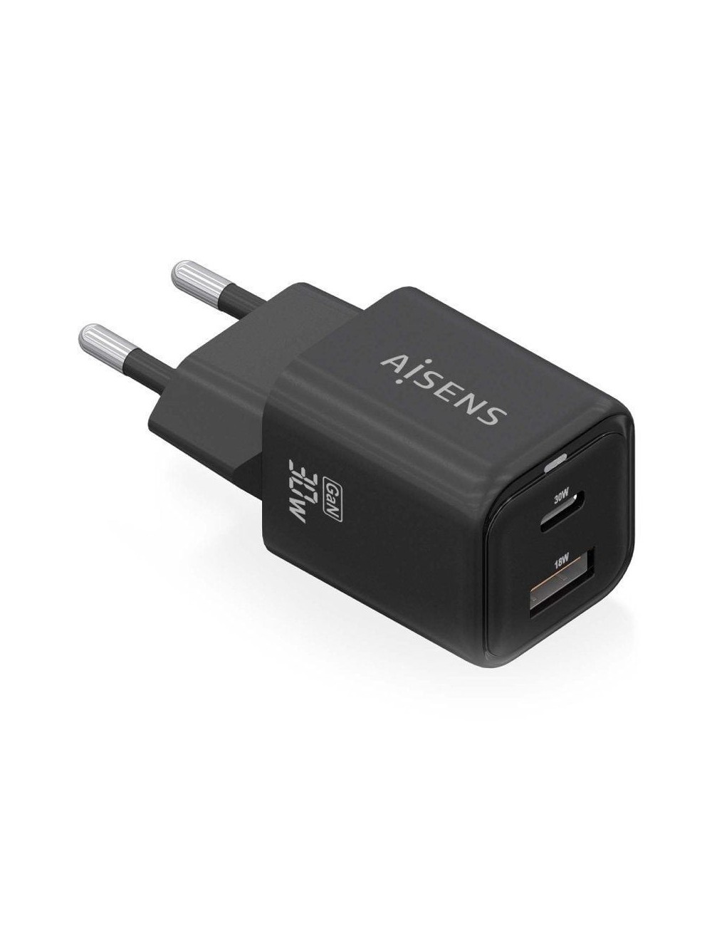 Cargador de Pared GaN Aisens ASCH-30W2P021-BK/ 1xUSB Tipo-C/ 1xUSB/ 30W