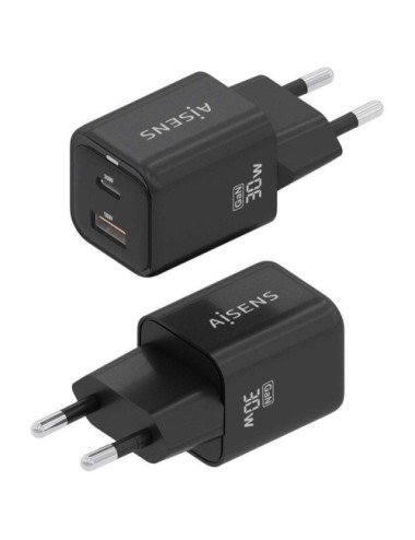 Cargador de Pared GaN Aisens ASCH-30W2P021-BK/ 1xUSB Tipo-C/ 1xUSB/ 30W