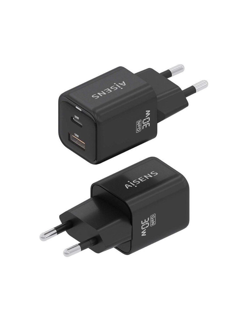 Cargador de Pared GaN Aisens ASCH-30W2P021-BK/ 1xUSB Tipo-C/ 1xUSB/ 30W