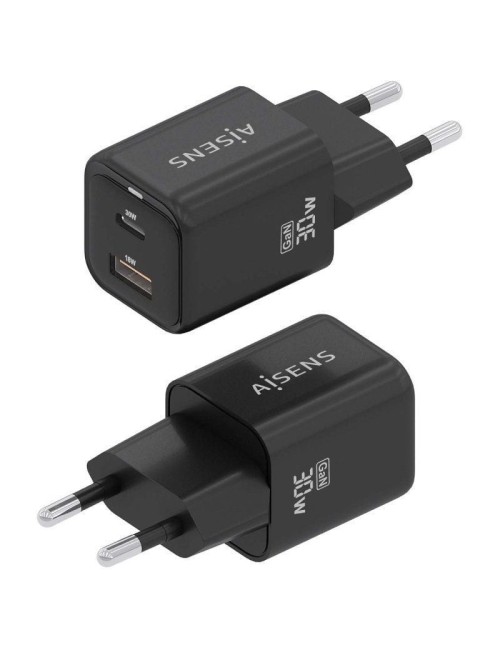 Cargador de Pared GaN Aisens ASCH-30W2P021-BK/ 1xUSB Tipo-C/ 1xUSB/ 30W