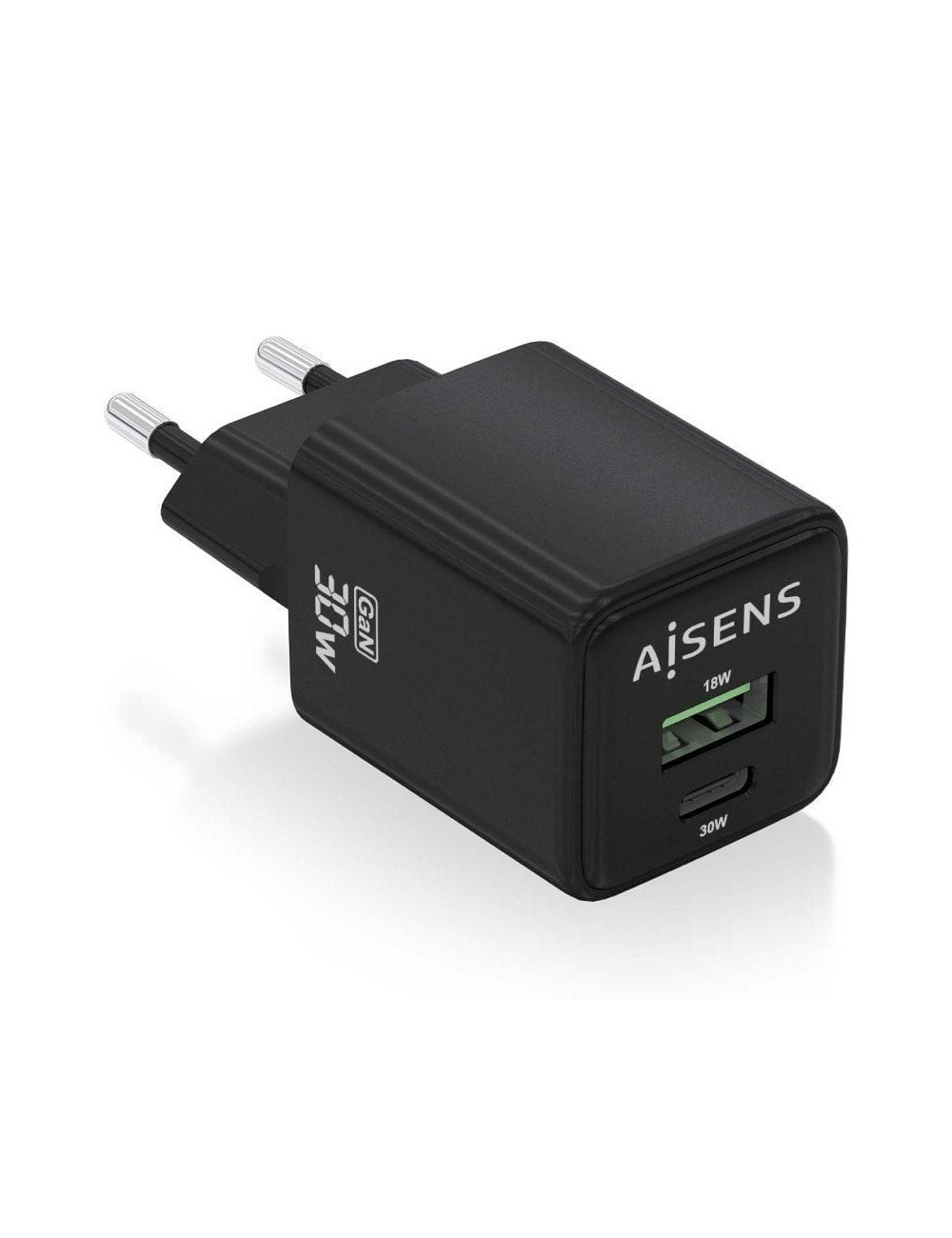 Cargador de Pared GaN Aisens ASCH-30W2P038-BK/ 1xUSB Tipo-C/ 1xUSB/ 30W