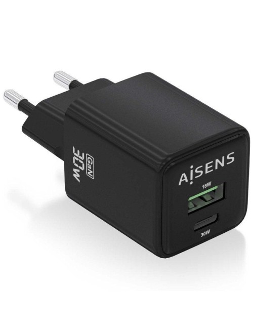 Cargador de Pared GaN Aisens ASCH-30W2P038-BK/ 1xUSB Tipo-C/ 1xUSB/ 30W