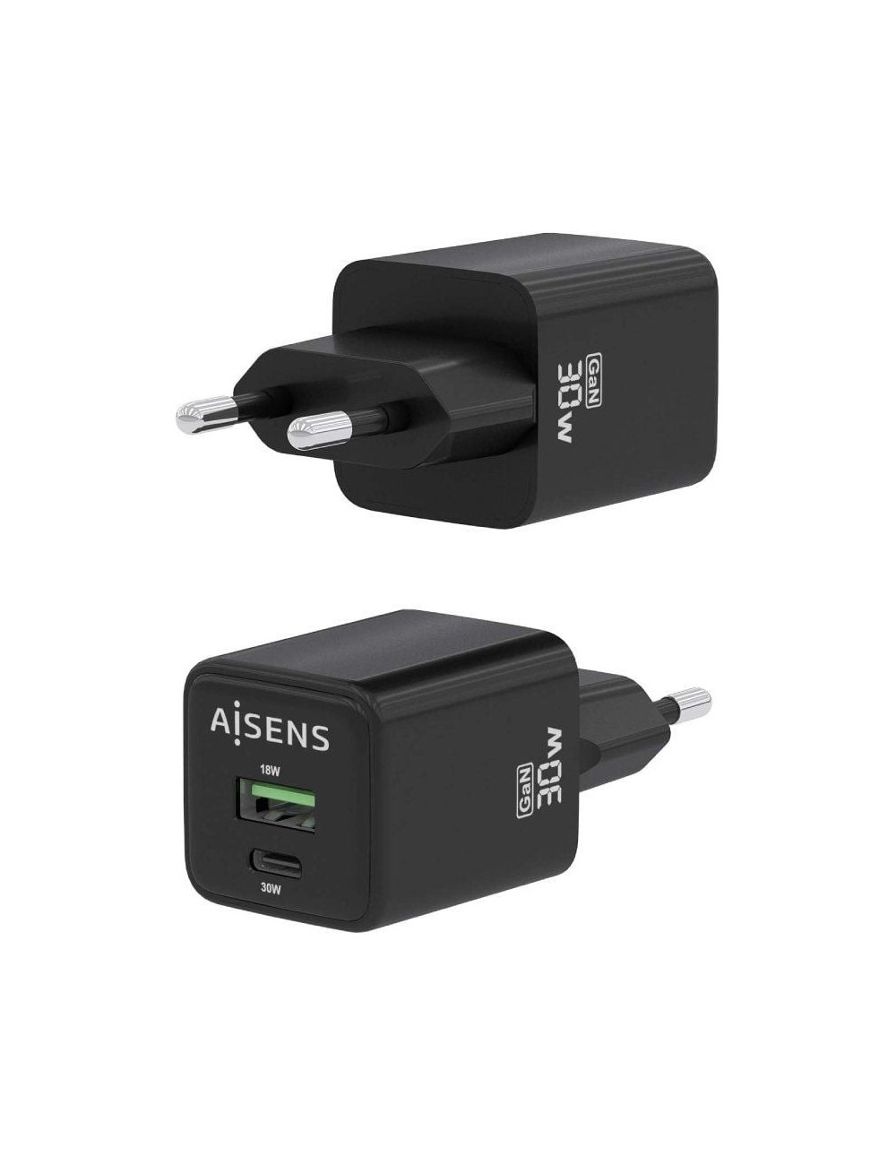 Cargador de Pared GaN Aisens ASCH-30W2P038-BK/ 1xUSB Tipo-C/ 1xUSB/ 30W