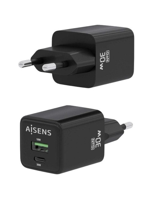 Cargador de Pared GaN Aisens ASCH-30W2P038-BK/ 1xUSB Tipo-C/ 1xUSB/ 30W