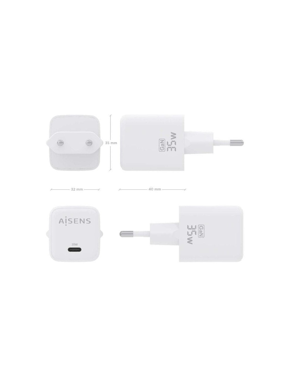 Cargador de Pared GaN Aisens ASCH-35W1P016-W/ 1xUSB Tipo-C/ 35W