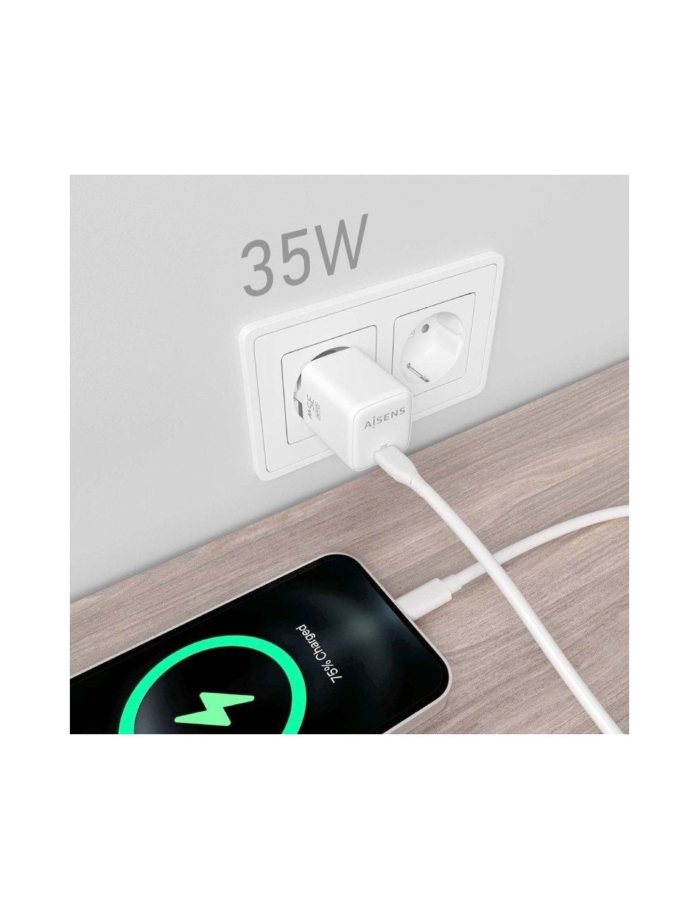 Cargador de Pared GaN Aisens ASCH-35W1P016-W/ 1xUSB Tipo-C/ 35W