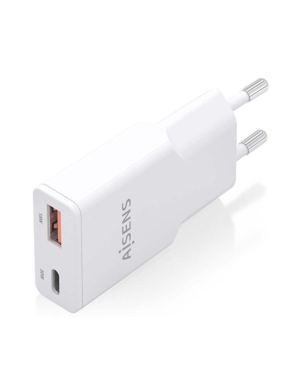 Cargador de Pared GaN Aisens ASCH-30W2P046-W/ 1xUSB Tipo-C/ 1xUSB/ 30W/ Blanco