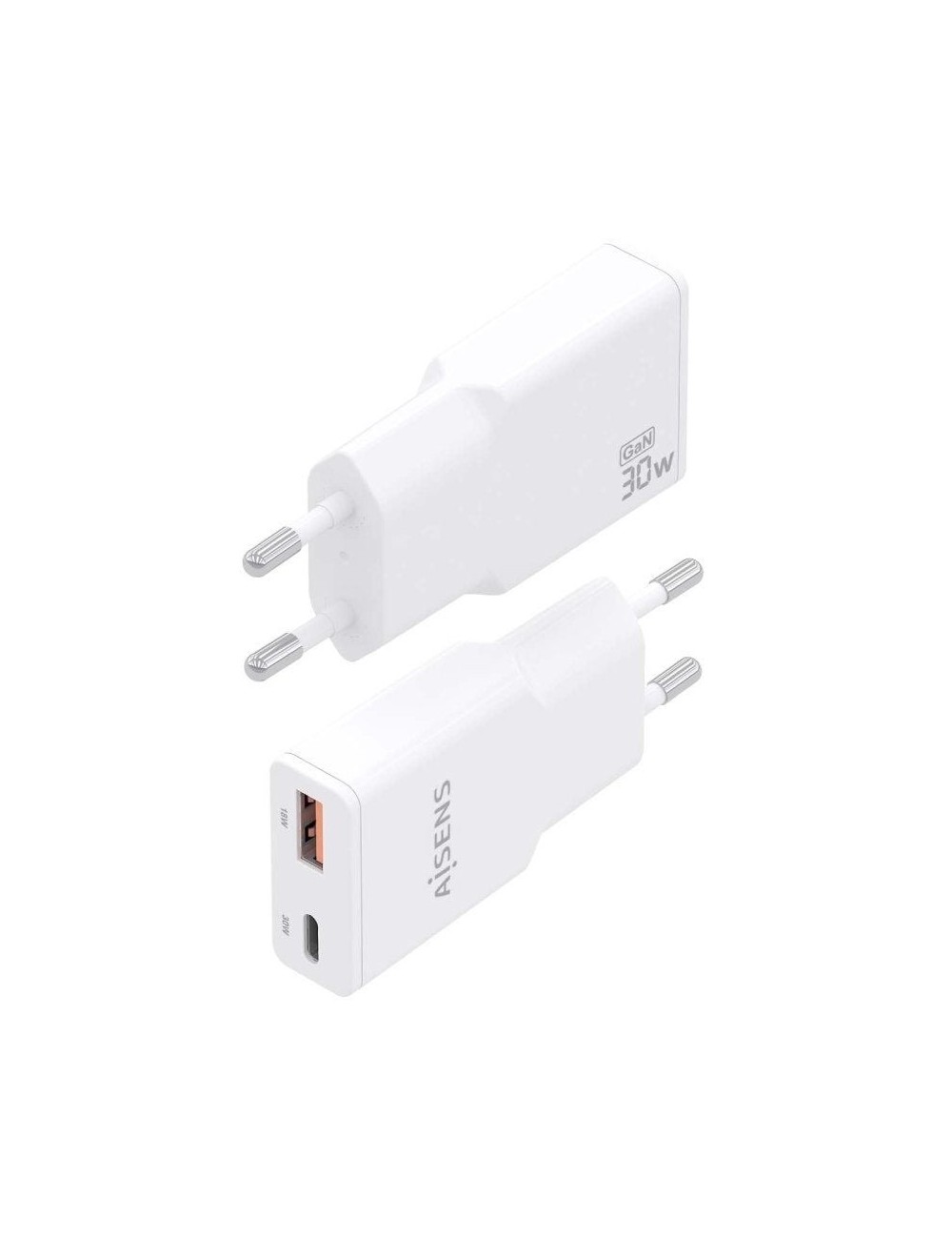 Cargador de Pared GaN Aisens ASCH-30W2P046-W/ 1xUSB Tipo-C/ 1xUSB/ 30W/ Blanco