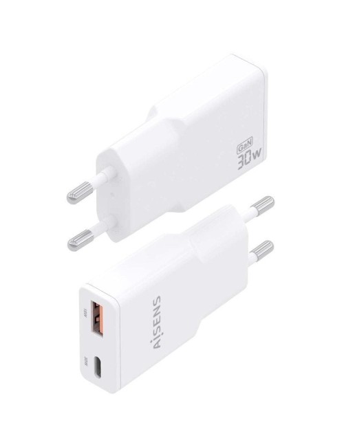 Cargador de Pared GaN Aisens ASCH-30W2P046-W/ 1xUSB Tipo-C/ 1xUSB/ 30W/ Blanco
