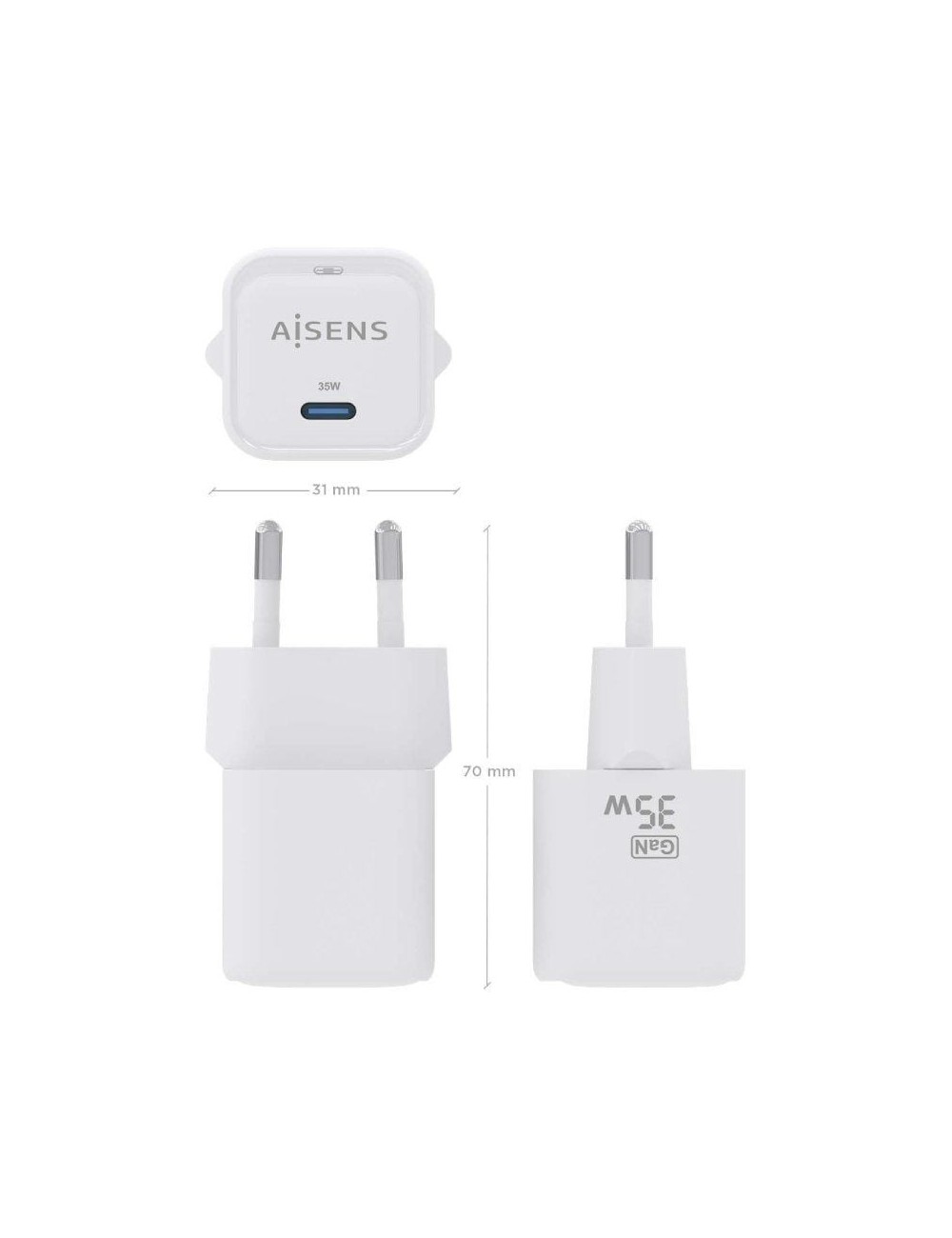 Cargador de Pared GaN Aisens ASCH-35W1P022-W/ 1xUSB Tipo-C/ 35W