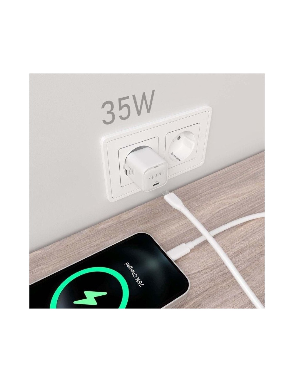 Cargador de Pared GaN Aisens ASCH-35W1P022-W/ 1xUSB Tipo-C/ 35W