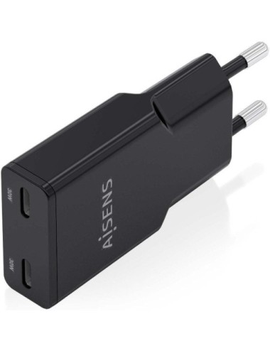 Cargador de Pared GaN Aisens ASCH-30W2P049-BK/ 2xUSB Tipo-C/ 30W/ Negro
