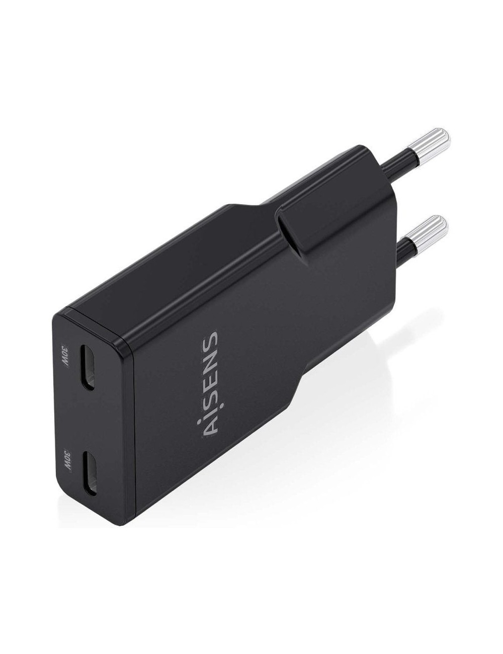Cargador de Pared GaN Aisens ASCH-30W2P049-BK/ 2xUSB Tipo-C/ 30W/ Negro