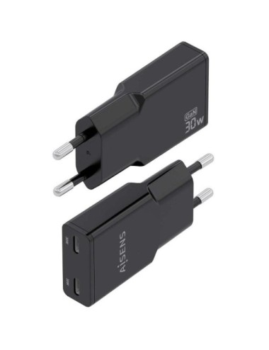 Cargador de Pared GaN Aisens ASCH-30W2P049-BK/ 2xUSB Tipo-C/ 30W/ Negro