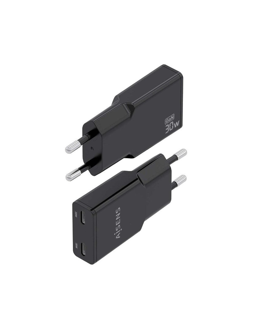 Cargador de Pared GaN Aisens ASCH-30W2P049-BK/ 2xUSB Tipo-C/ 30W/ Negro