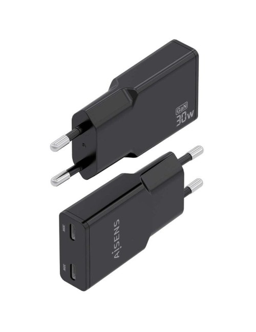 Cargador de Pared GaN Aisens ASCH-30W2P049-BK/ 2xUSB Tipo-C/ 30W/ Negro