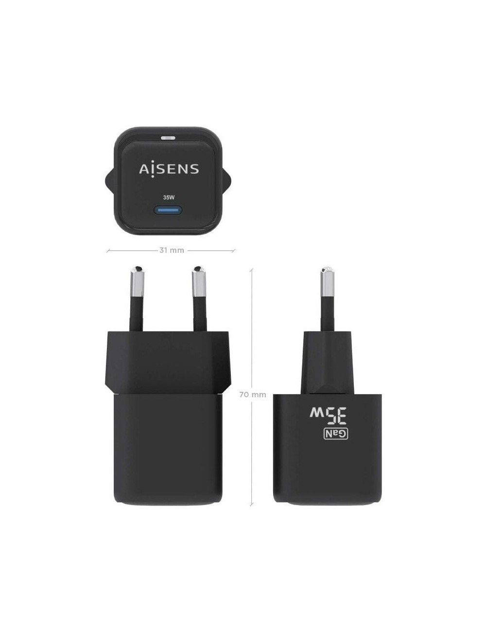 Cargador de Pared GaN Aisens ASCH-35W1P023-BK/ 1xUSB Tipo-C/ 35W