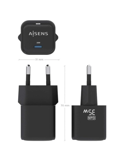 Cargador de Pared GaN Aisens ASCH-35W1P023-BK/ 1xUSB Tipo-C/ 35W