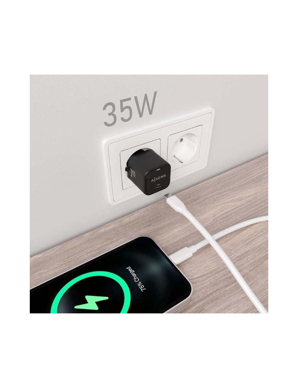 Cargador de Pared GaN Aisens ASCH-35W1P023-BK/ 1xUSB Tipo-C/ 35W
