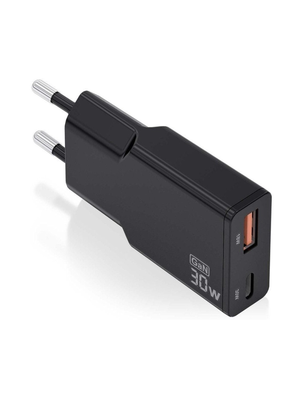 Cargador de Pared GaN Aisens ASCH-30W2P047-BK/ 1xUSB Tipo-C/ 1xUSB/ 30W/ Negro