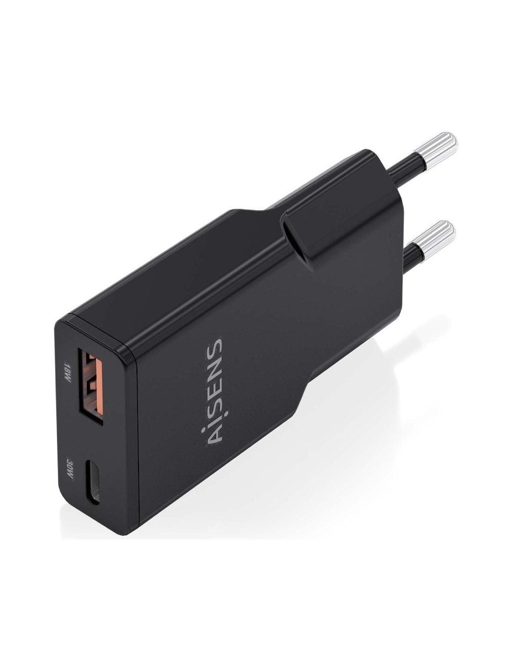 Cargador de Pared GaN Aisens ASCH-30W2P047-BK/ 1xUSB Tipo-C/ 1xUSB/ 30W/ Negro