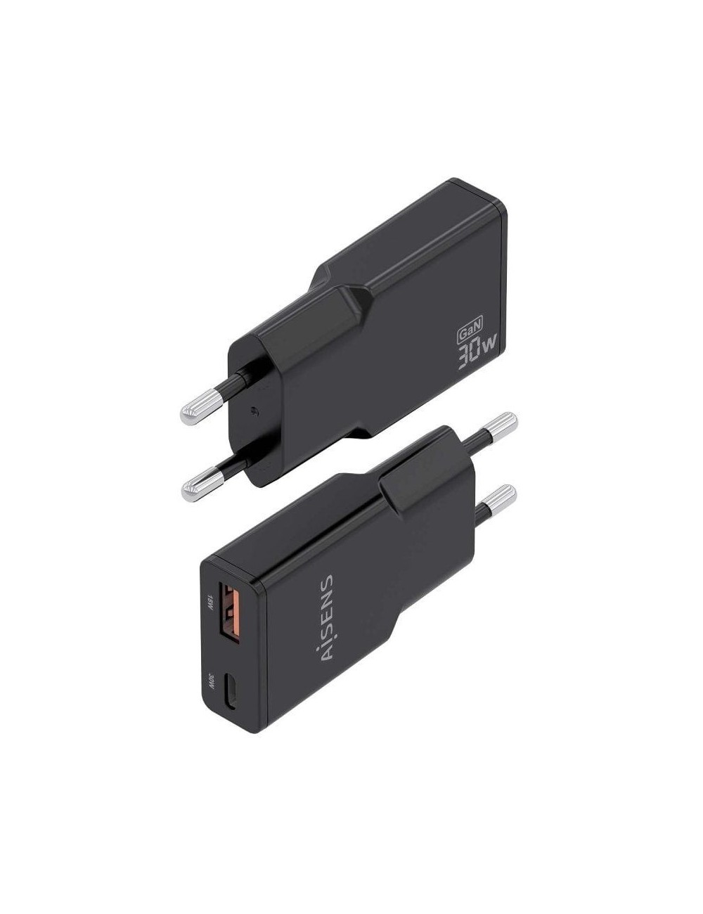 Cargador de Pared GaN Aisens ASCH-30W2P047-BK/ 1xUSB Tipo-C/ 1xUSB/ 30W/ Negro