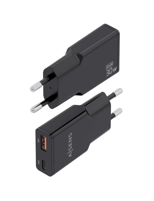 Cargador de Pared GaN Aisens ASCH-30W2P047-BK/ 1xUSB Tipo-C/ 1xUSB/ 30W/ Negro