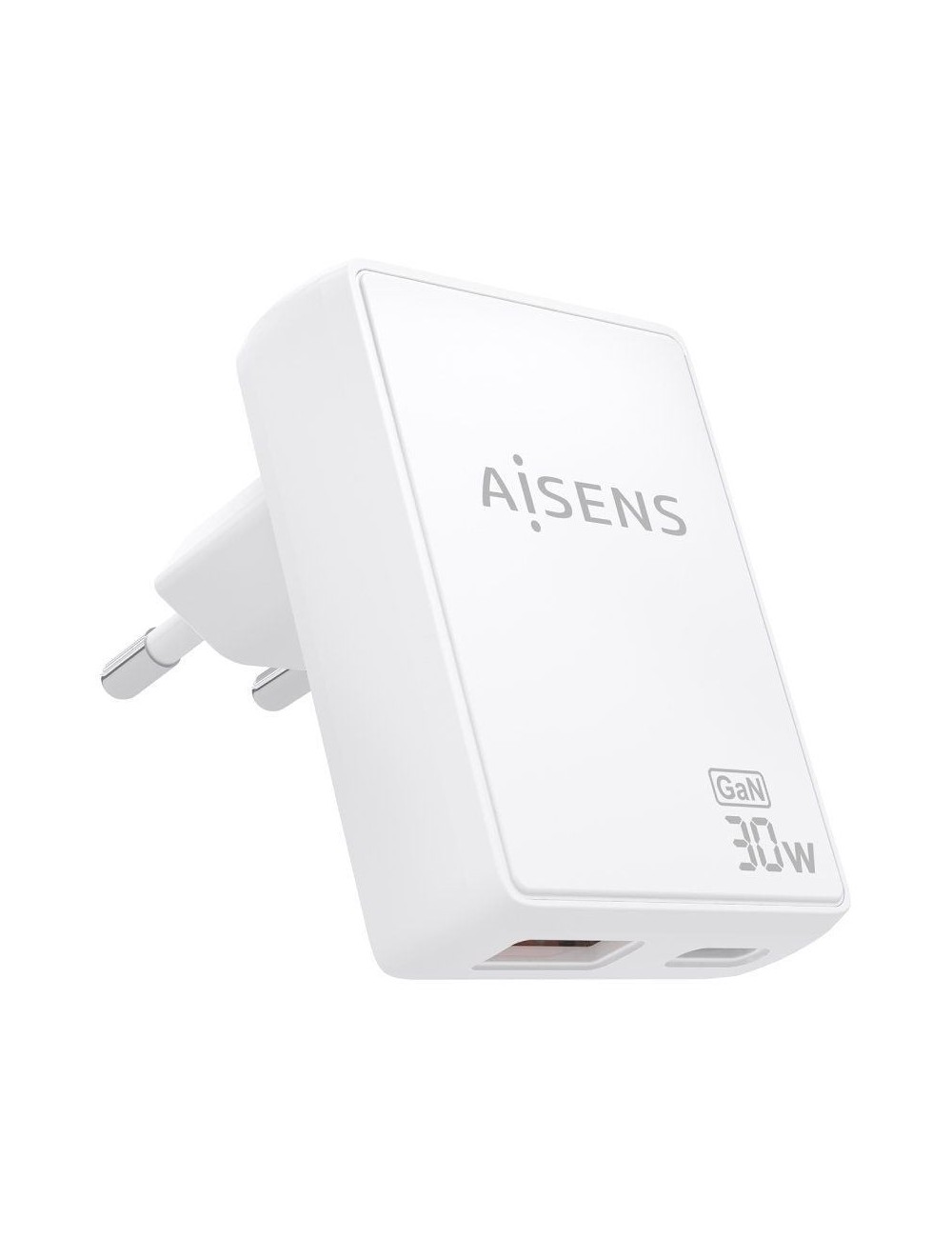 Cargador de Pared GaN Aisens ASCH-30W2P074-W/ 1xUSB Tipo-C/ 1xUSB/ 30W/ Blanco