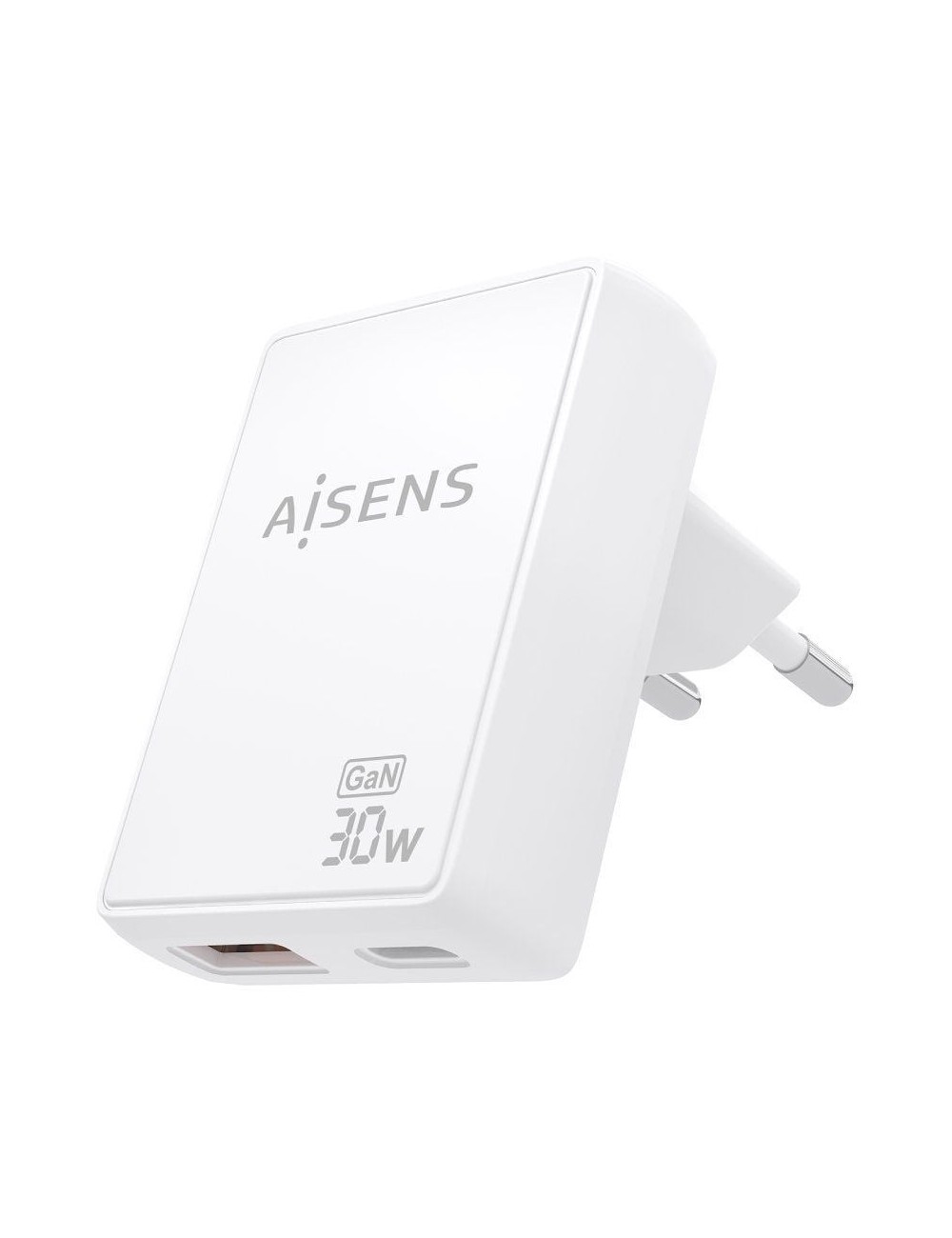 Cargador de Pared GaN Aisens ASCH-30W2P074-W/ 1xUSB Tipo-C/ 1xUSB/ 30W/ Blanco