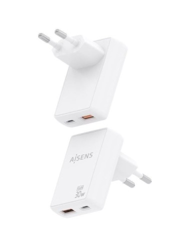Cargador de Pared GaN Aisens ASCH-30W2P074-W/ 1xUSB Tipo-C/ 1xUSB/ 30W/ Blanco