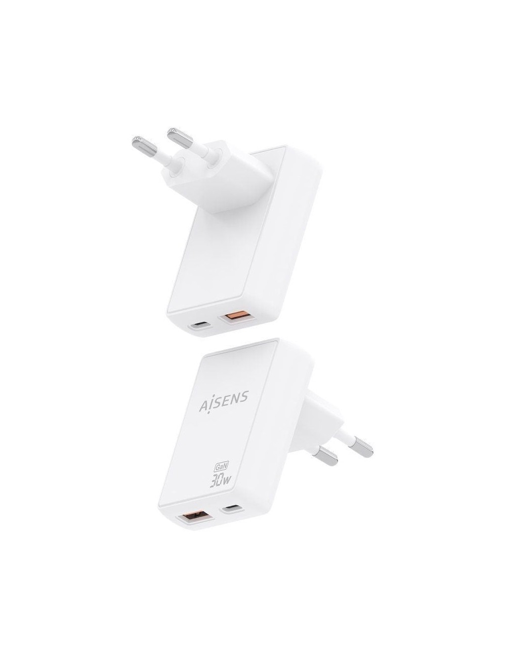 Cargador de Pared GaN Aisens ASCH-30W2P074-W/ 1xUSB Tipo-C/ 1xUSB/ 30W/ Blanco