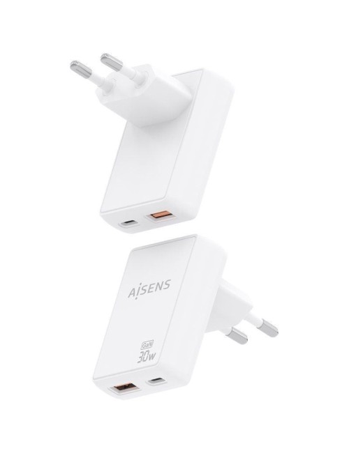 Cargador de Pared GaN Aisens ASCH-30W2P074-W/ 1xUSB Tipo-C/ 1xUSB/ 30W/ Blanco
