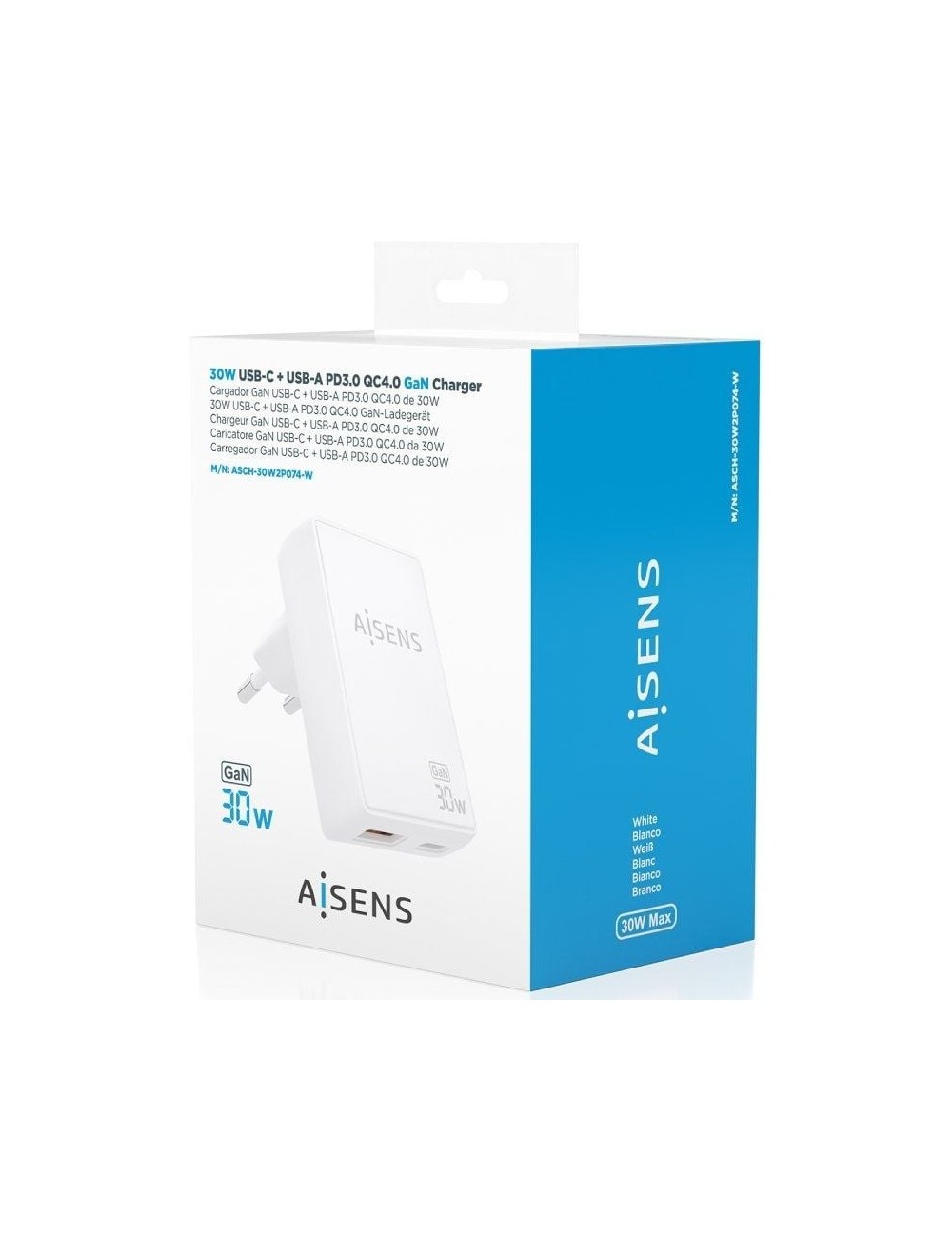Cargador de Pared GaN Aisens ASCH-30W2P074-W/ 1xUSB Tipo-C/ 1xUSB/ 30W/ Blanco