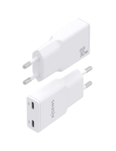 Cargador de Pared GaN Aisens ASCH-30W2P048-W/ 2xUSB Tipo-C/ 30W/ Blanco